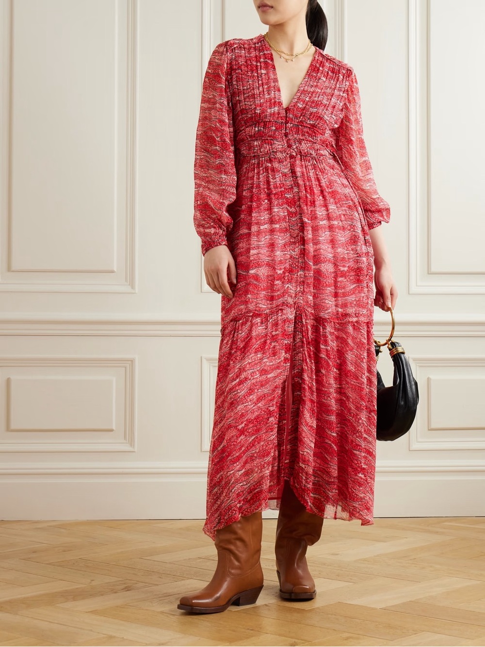 Marant Etoile Gathered Printed Chiffon Amara Maxi Dress in Red FR Size 40/US 8